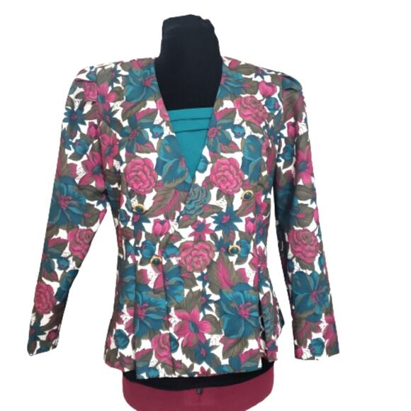 Vintage Good Times Double Breasted Floral Career Blazer Jacket 14 - Picture 1 of 13